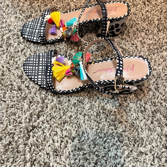 Betsey Johnson Black and White Strappy Sandals with Colorful Tassels - Picture 2 of 3